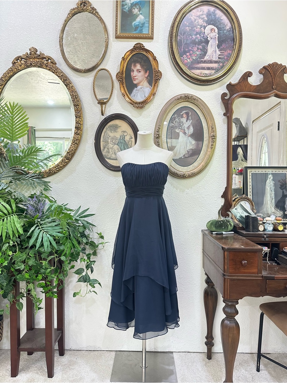 Strapless Navy Blue Chiffon Layered Midi Dress